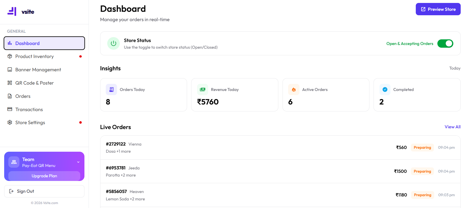 vsite restaurant dashboard showing revenue, orders, and top menu items