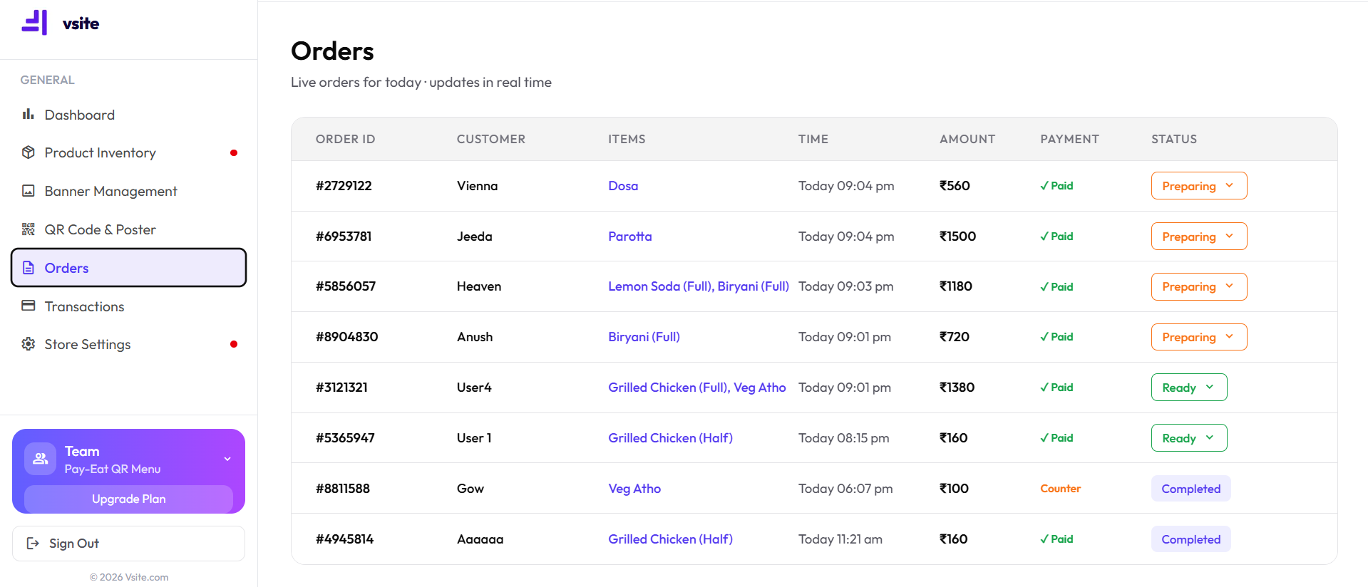 vsite orders management page showing incoming restaurant orders by table