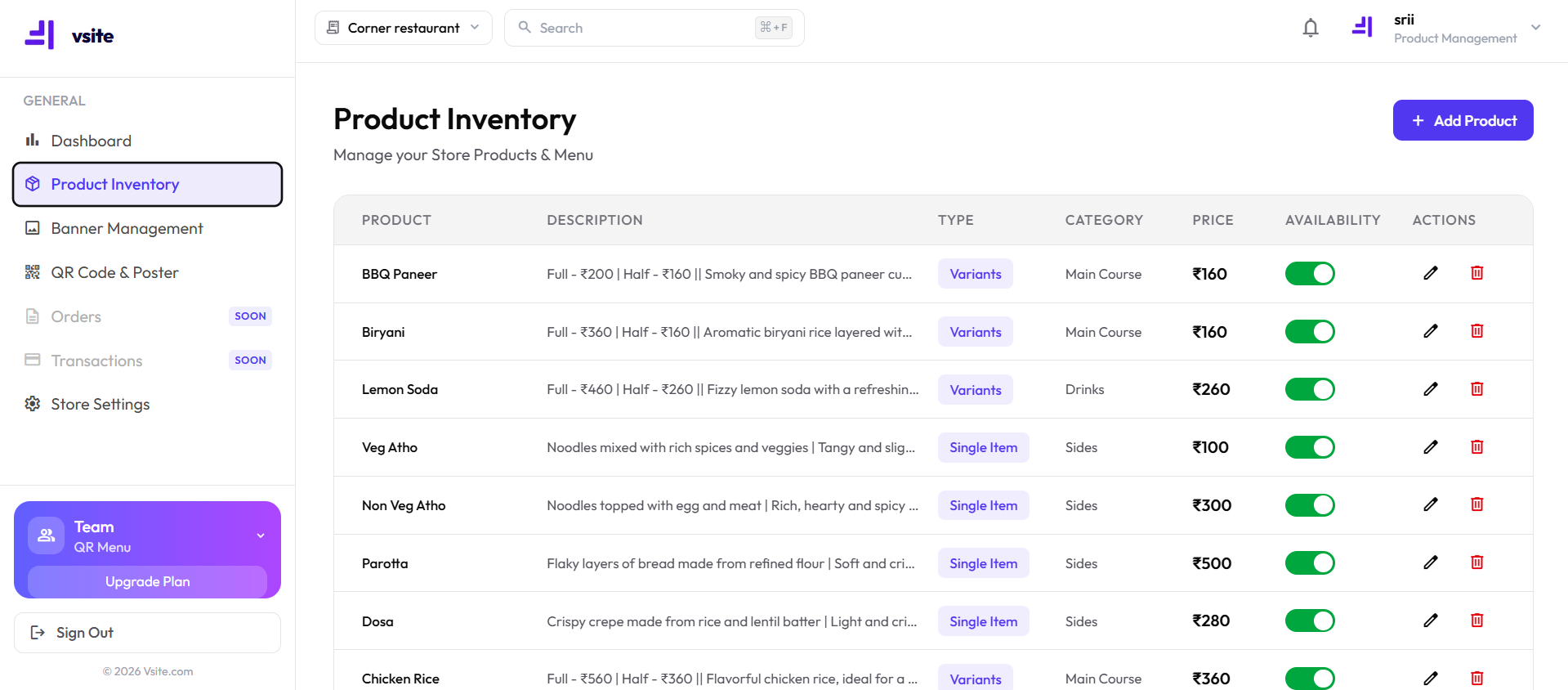 vsite product inventory page showing menu items with prices, categories, and availability toggles